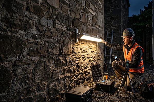 An engineer testing a lighting fixture against a stone wall at night